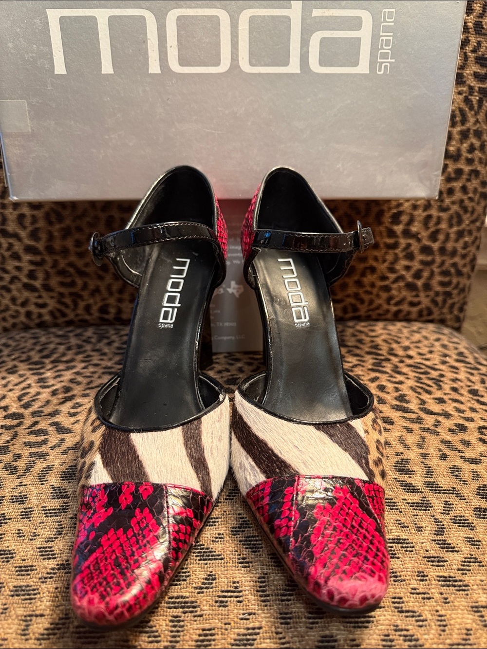 Moda Spana Women's Zebra & Pink Snakeskin Ankle-Strap 3” Pumps